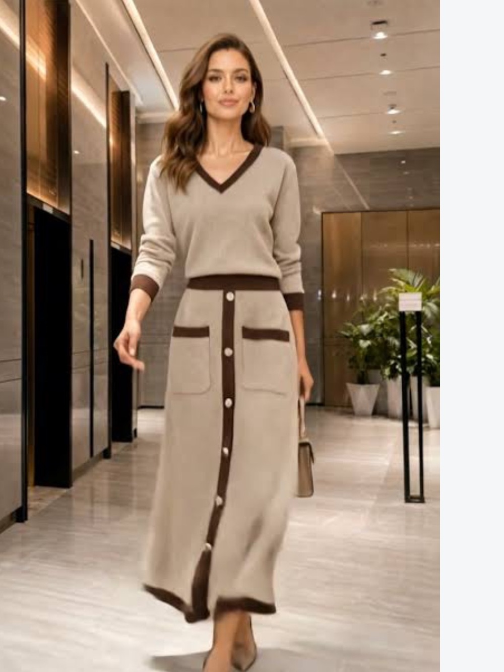 Commense Beige and Brown Knit Maxi Skirt Set XL